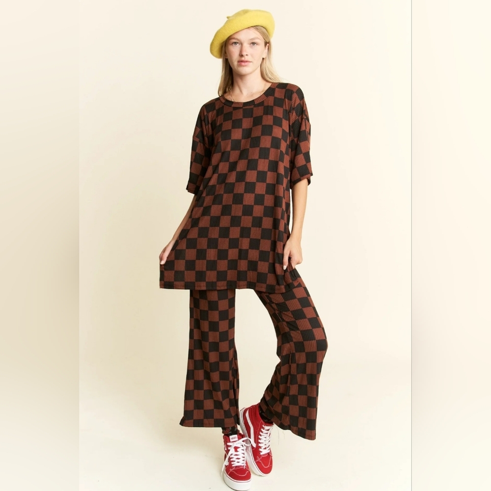 Checkered Print Two Piece Set Brown + Black XL